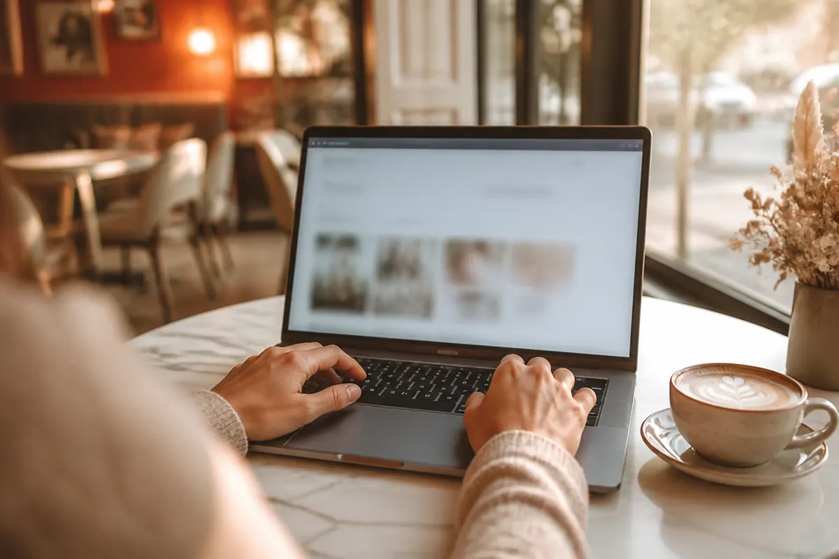Person filling out a web form on a laptop at a café table with a latte nearby