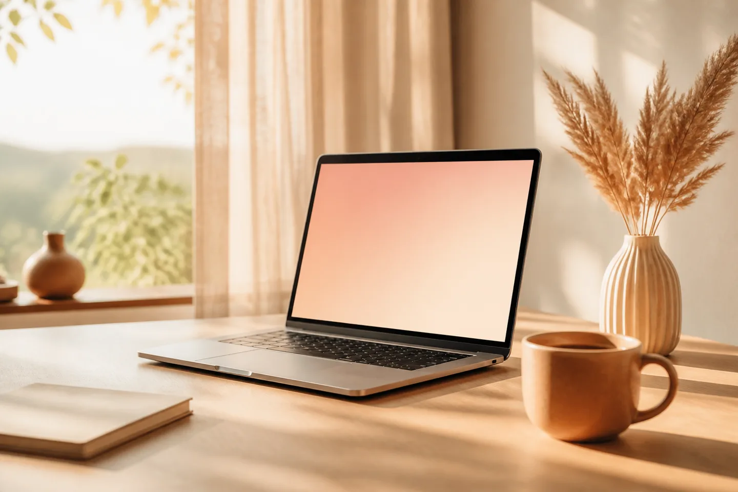 Laptop on a sunlit wooden desk beside a cup of coffee