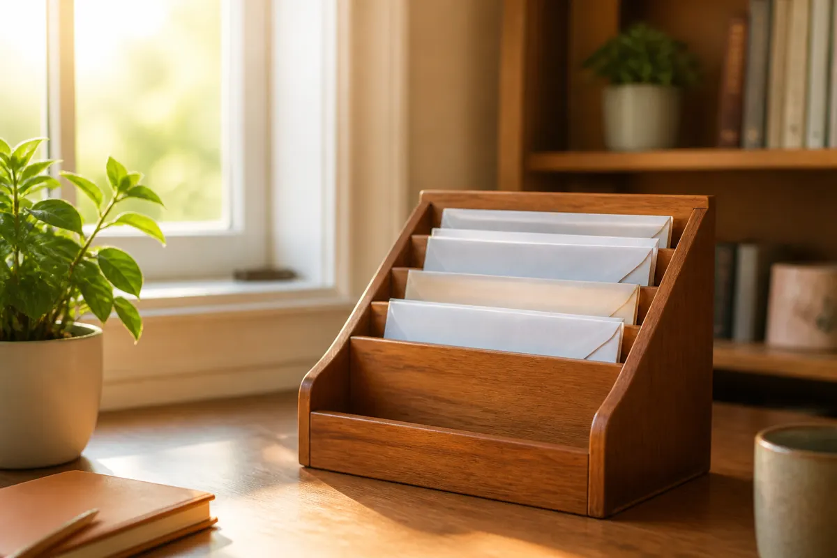Envelopes sorted into labeled slots on a wooden mail rack, symbolizing mail organized by alias